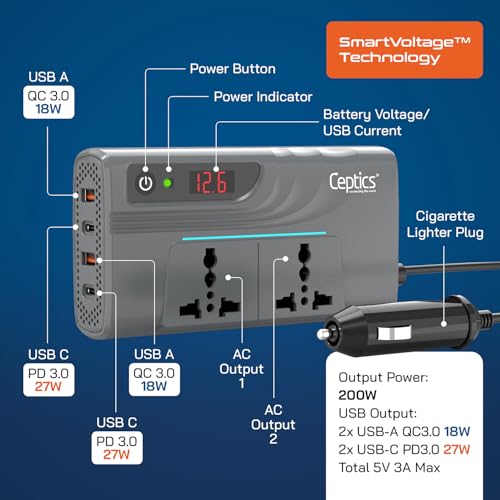 Ceptics 200W Car Power Inverter, Car Laptop Charger with 2 USB-A (3.1A Max) + 2 USB-C (PD 27W) Ports, 12V DC to 220V AC, SmartVoltage™ Technology, 2X Universal AC Outlet, 18 Months Warranty - Image 3