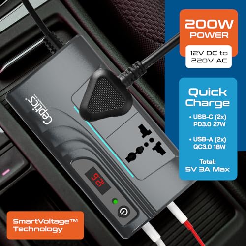 Ceptics 200W Car Power Inverter, Car Laptop Charger with 2 USB-A (3.1A Max) + 2 USB-C (PD 27W) Ports, 12V DC to 220V AC, SmartVoltage™ Technology, 2X Universal AC Outlet, 18 Months Warranty - Image 4