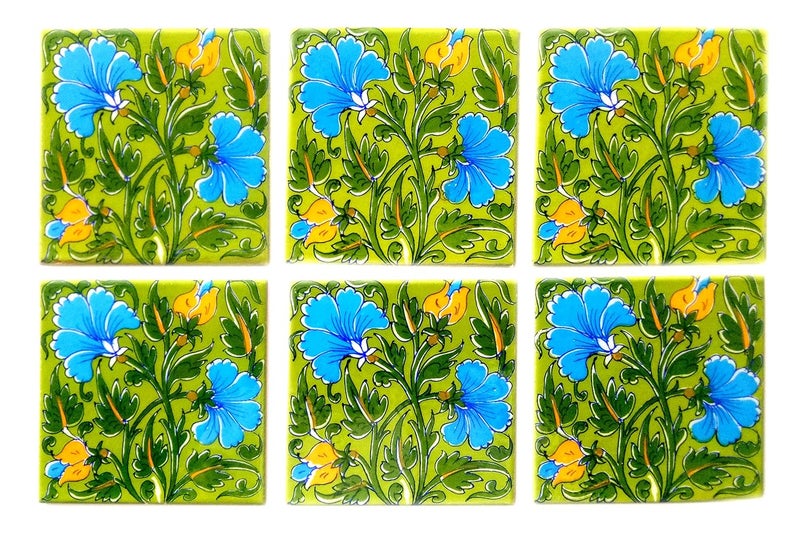 Shiv Kripa Blue Pottery Shiv Kripa Blue Pottery Home Kitchen Washroom Tile Handmade Tabletop Interior Exterior Flooring Wall Decor Ceramic Wall Tiles 4 x 4 Inch Set of 6 Tiles Multi Color 