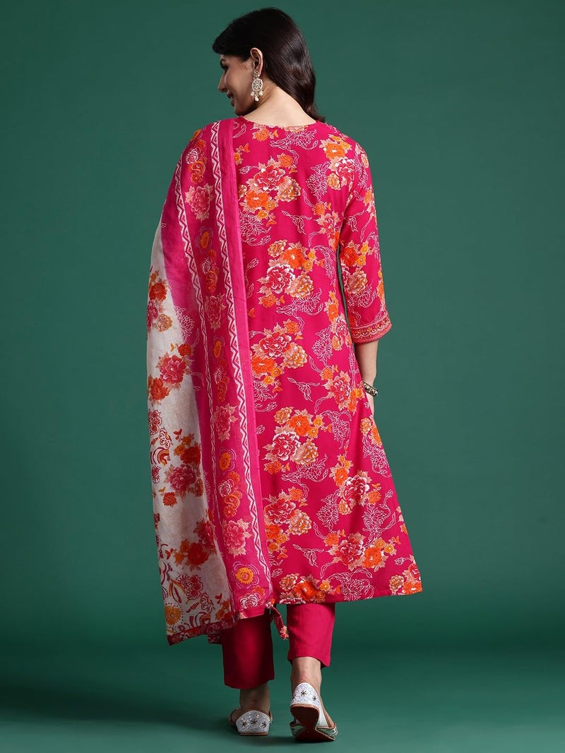 ASSUME FAB Women Viscose Rayon Embroidery V Neck Maternity and Feeding Zip Kurti Pant and Dupatta(Large Pink - Image 3