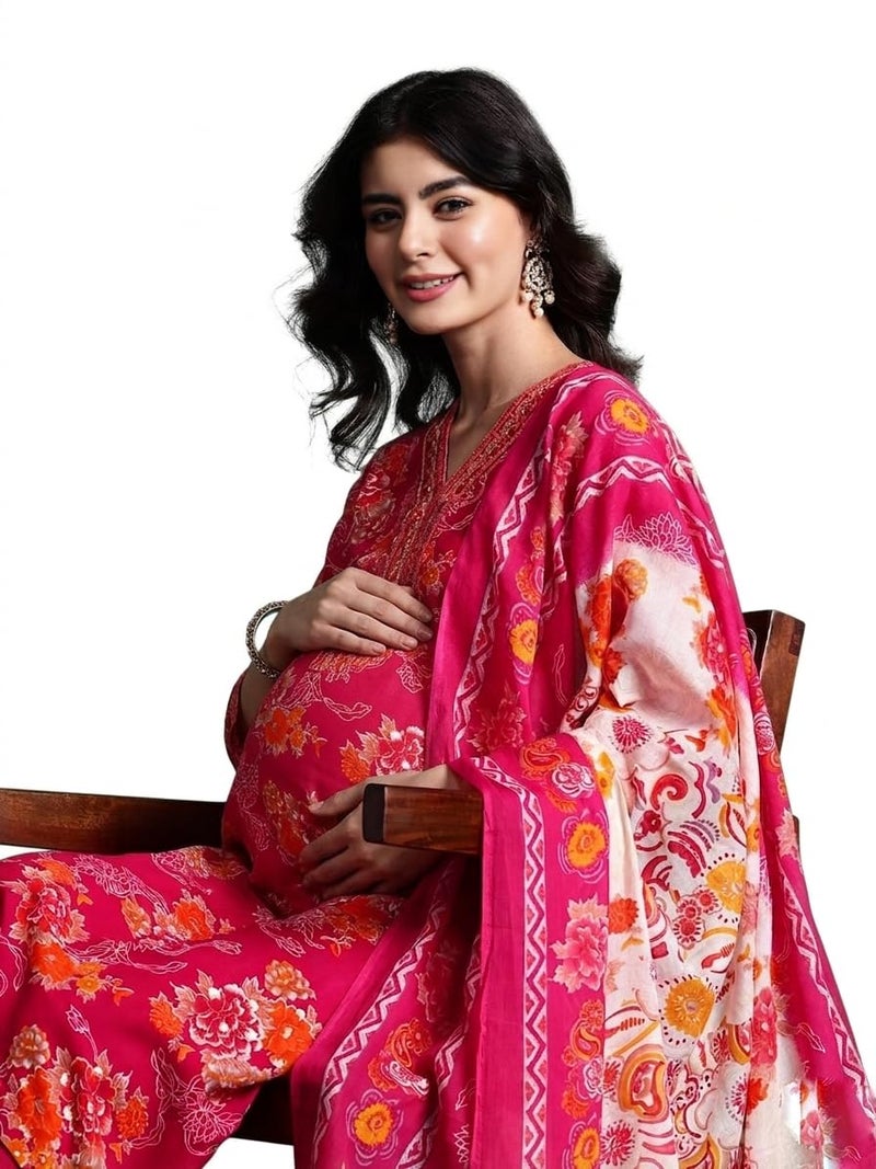 ASSUME FAB Women Viscose Rayon Embroidery V Neck Maternity and Feeding Zip Kurti Pant and Dupatta(Large Pink - Image 4