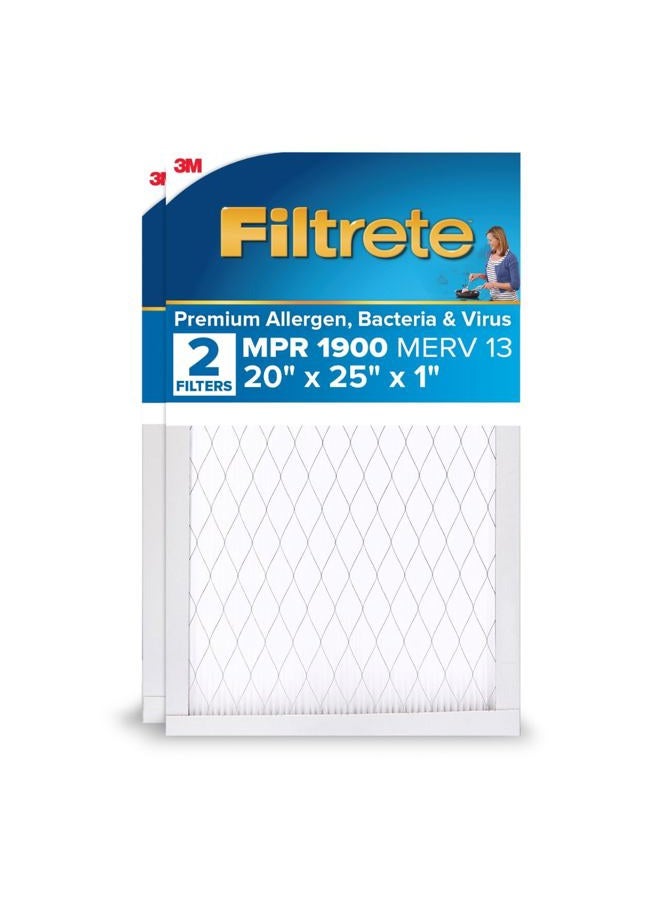 FILTRETE 20x25x1 AC Furnace Air Filter, MERV 13, MPR 1900, Premium Allergen, Bacteria & Virus Filter, 3-Month Pleated 1-Inch Electrostatic Air Cleaning Filter, 2-Pack (Actual Size 19.69x24.69x0.78 in) - Image 1