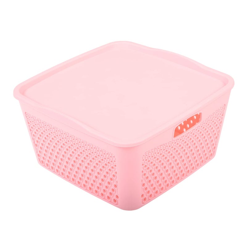 Kuber Industries Kuber Industries Netted Design Unbreakable Multipurpose Square Shape Plastic Storage Baskets with lid Large (Pink)  - Image 1