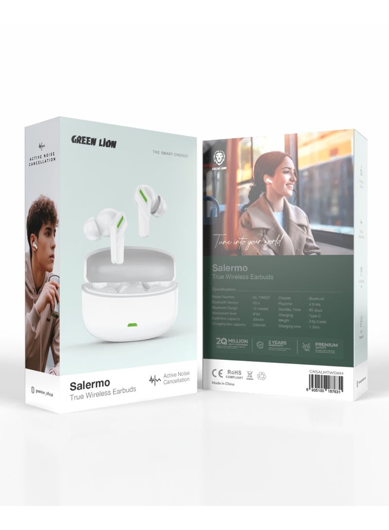 Salermo True Wireless Earbuds with Active Noise Cancellation/Bluetrum Chipset /IPX4 Waterproof /12 meters Bluetooth Range /Type-C Port /Play time 4.5h / Low Game Latency - White