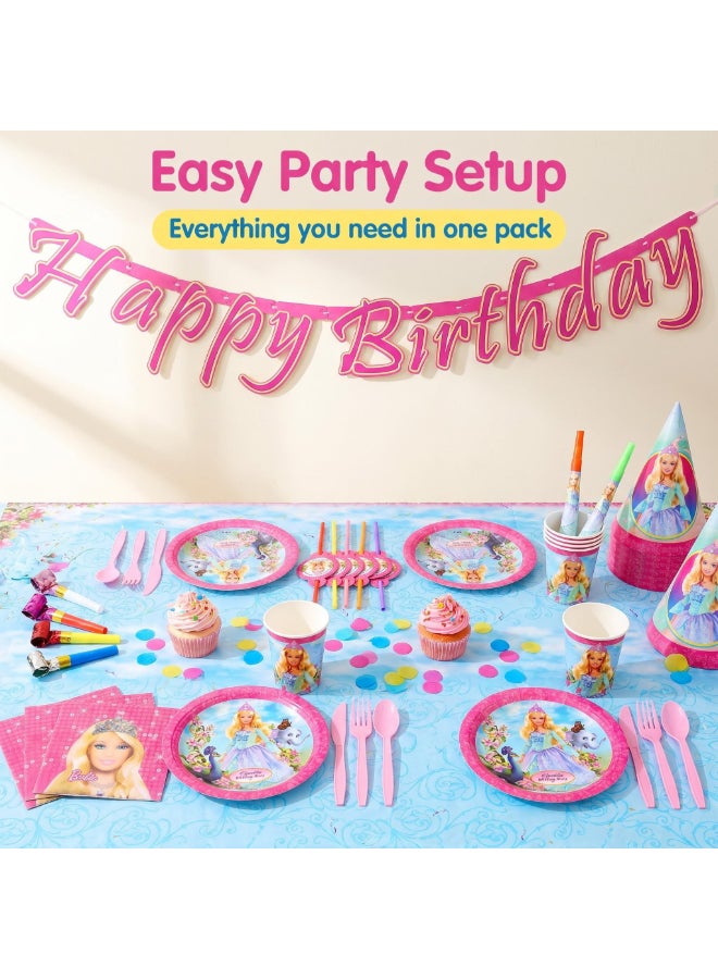 Kidzilla 71 PCS Barbie Birthday Party Supplies Kit for Girls – Princess Theme Party Decorations Set with Plates, Cups, Napkins, Banner, Hats, Masks, Straws, Horns & Cutlery - Image 5