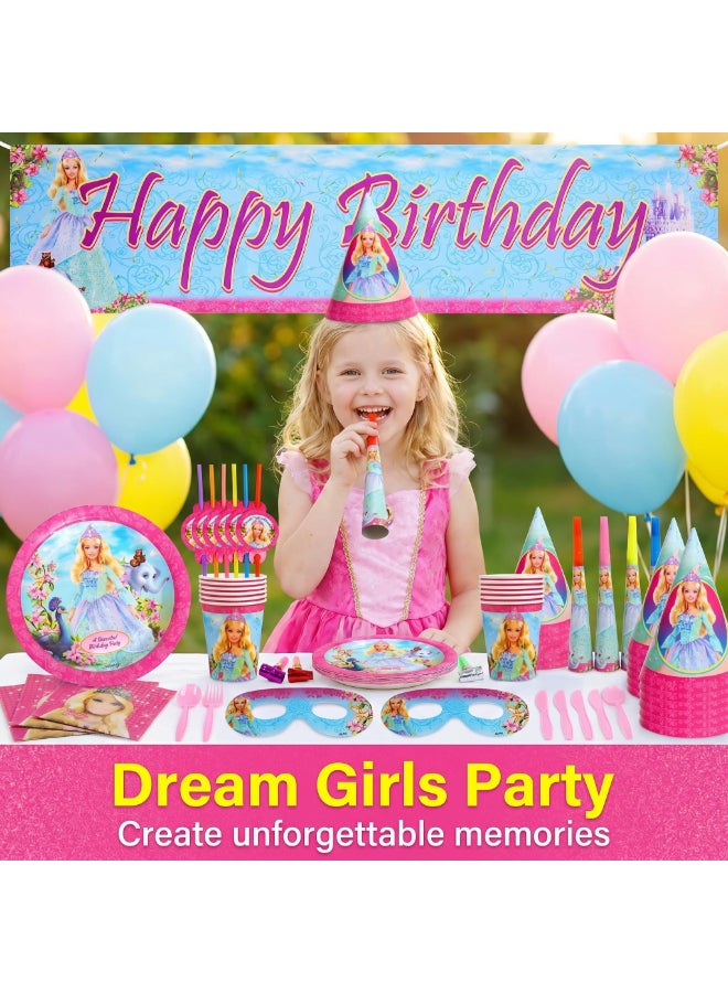 Kidzilla 71 PCS Barbie Birthday Party Supplies Kit for Girls – Princess Theme Party Decorations Set with Plates, Cups, Napkins, Banner, Hats, Masks, Straws, Horns & Cutlery - Image 4