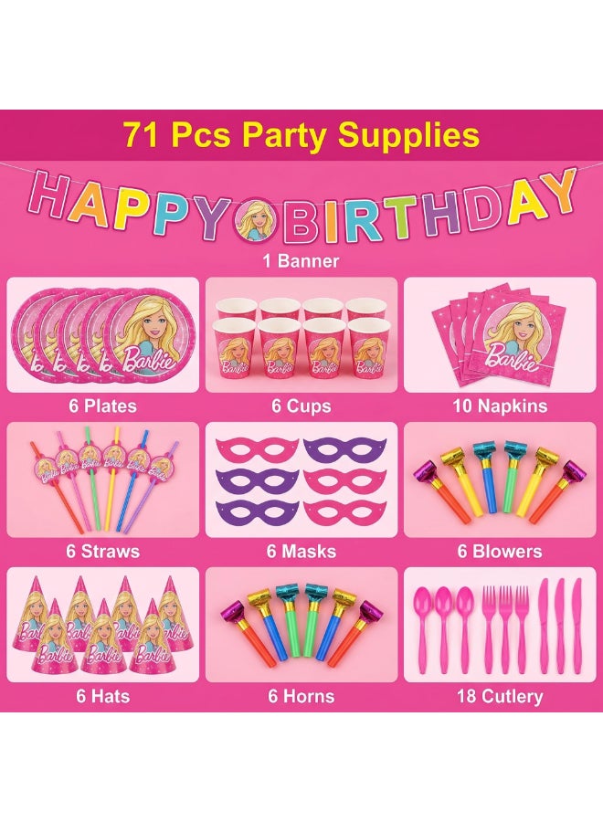 Kidzilla 71 PCS Barbie Birthday Party Supplies Kit for Girls – Princess Theme Party Decorations Set with Plates, Cups, Napkins, Banner, Hats, Masks, Straws, Horns & Cutlery - Image 2