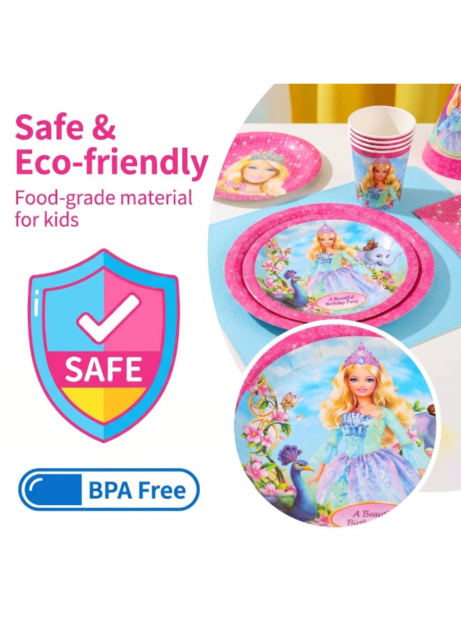 Kidzilla 71 PCS Barbie Birthday Party Supplies Kit for Girls – Princess Theme Party Decorations Set with Plates, Cups, Napkins, Banner, Hats, Masks, Straws, Horns & Cutlery - Image 3