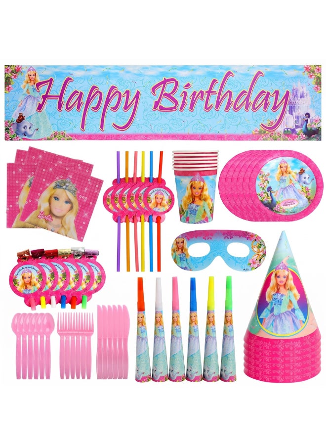 Kidzilla 71 PCS Barbie Birthday Party Supplies Kit for Girls – Princess Theme Party Decorations Set with Plates, Cups, Napkins, Banner, Hats, Masks, Straws, Horns & Cutlery - Image 1