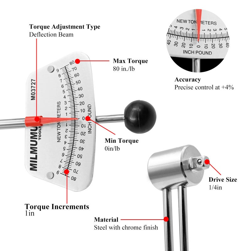 MILMUMU 1/4" Drive Beam Torque Wrench Precision Instrument-Compatible with SAE and MM Bicycle and Automotive Wrench -0-80 Inch-Pounds, 0-9 Newton Meters - Image 4