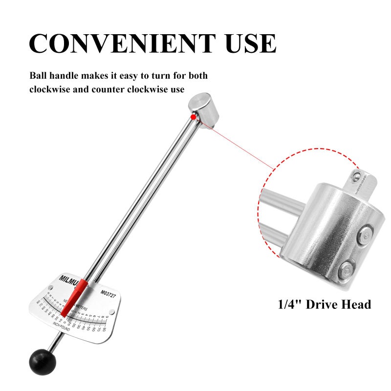MILMUMU 1/4" Drive Beam Torque Wrench Precision Instrument-Compatible with SAE and MM Bicycle and Automotive Wrench -0-80 Inch-Pounds, 0-9 Newton Meters - Image 3