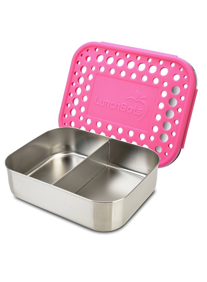 LunchBots Medium Duo Snack Container - Divided Stainless Steel Food Container - Two Sections for Half Sandwich and a Side - Eco-Friendly - Dishwasher Safe - Stainless Lid - Pink Dots - Image 1