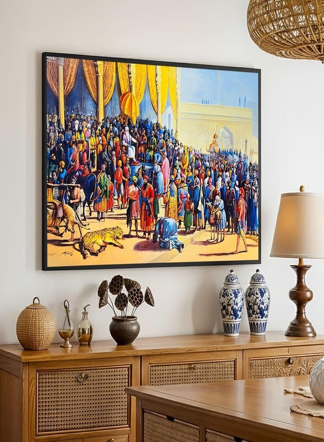 The Castle Decor لوحة جدارية من تصميم ذا كاسل ديكور، تصور المهراجا رانجيت سينغ | فن الإمبراطور السيخي لغرفة المعيشة والمكتب | عمل فني تاريخي مؤطر بحجم كبير | لوحة تراثية بنجابية متعددة الألوان (20 × 30 بوصة) (التصميم 3) - Image 1