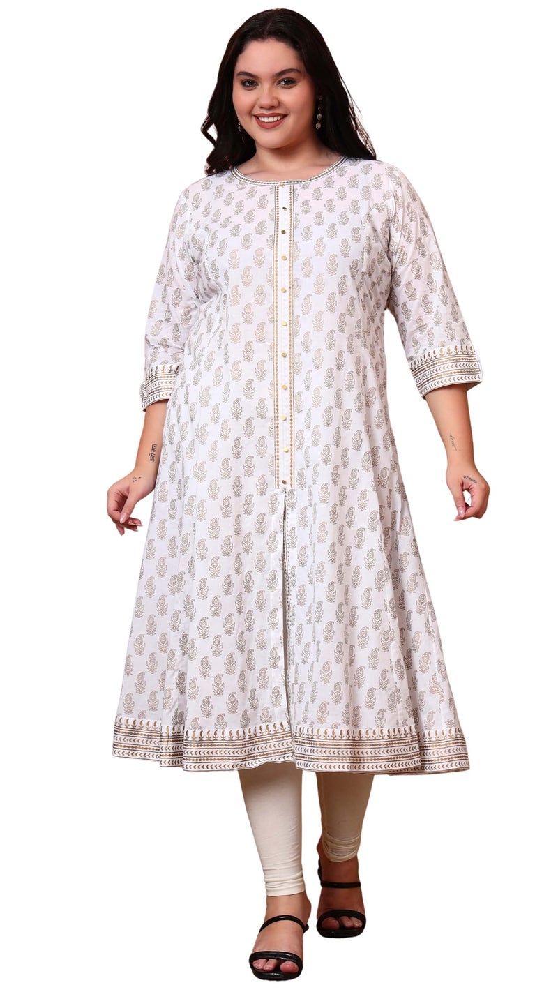 Yash Gallery Women’s Cotton Kurti with Golden Print A-Line Style, Round Neck, 3/4 Sleeve (White) - Image 1