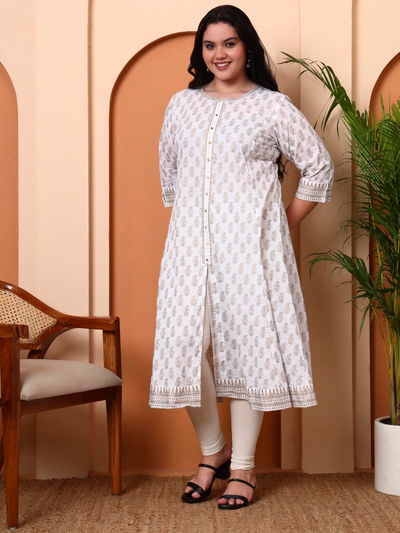 Yash Gallery Women’s Cotton Kurti with Golden Print A-Line Style, Round Neck, 3/4 Sleeve (White) - Image 2