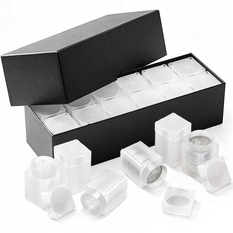 Qunclay 12 Pcs Square Silver Eagles Coin Tubes with 1 Storage Box Plastic Clear Holders with Lid for Coins Collection Supplies, Inner Diameter 40.6 MM - Image 1