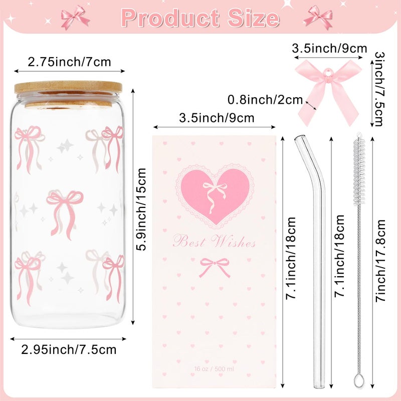 LANGASQUE Coquette Pink Bow Glass Cup with Lids and Straws, 16 oz Cute Glass Cup, Aesthetic Iced Coffee Tumbler with Gift Box Cleaning Brush for Teen Girls Gifts Trendy Stuff Women Girlfriends Gifts - Image 2