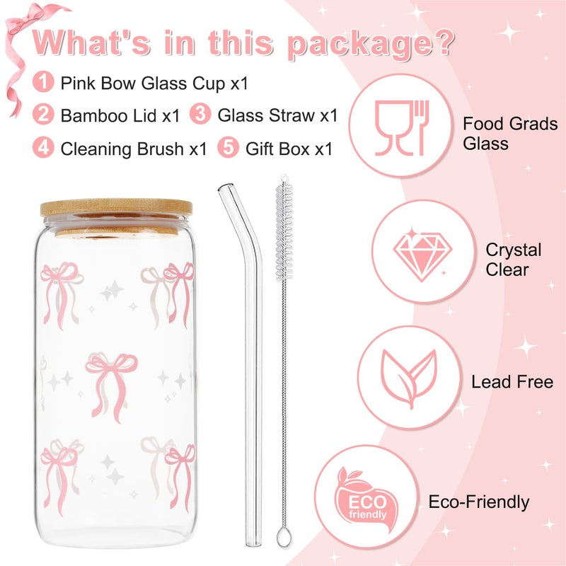 LANGASQUE Coquette Pink Bow Glass Cup with Lids and Straws, 16 oz Cute Glass Cup, Aesthetic Iced Coffee Tumbler with Gift Box Cleaning Brush for Teen Girls Gifts Trendy Stuff Women Girlfriends Gifts - Image 4