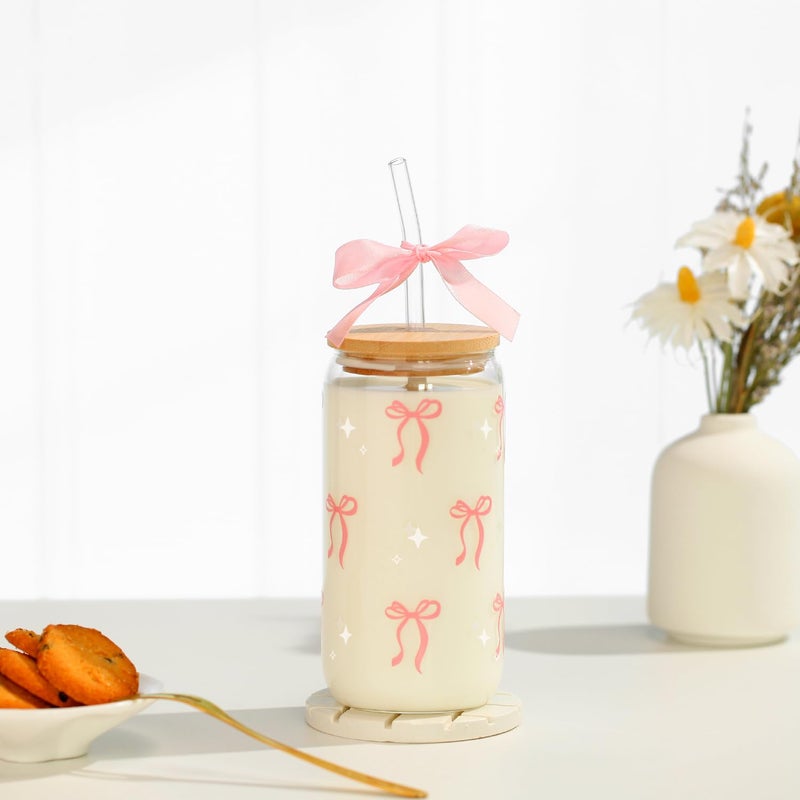 LANGASQUE Coquette Pink Bow Glass Cup with Lids and Straws, 16 oz Cute Glass Cup, Aesthetic Iced Coffee Tumbler with Gift Box Cleaning Brush for Teen Girls Gifts Trendy Stuff Women Girlfriends Gifts - Image 5