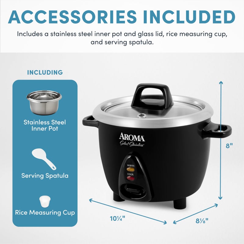 Aroma Housewares Select Stainless Rice Cooker & Warmer with Uncoated Inner Pot, 3-Cup(uncooked)/6-Cup(cooked)/ 1.2Qt, ARC-753SGB, Black - Image 4