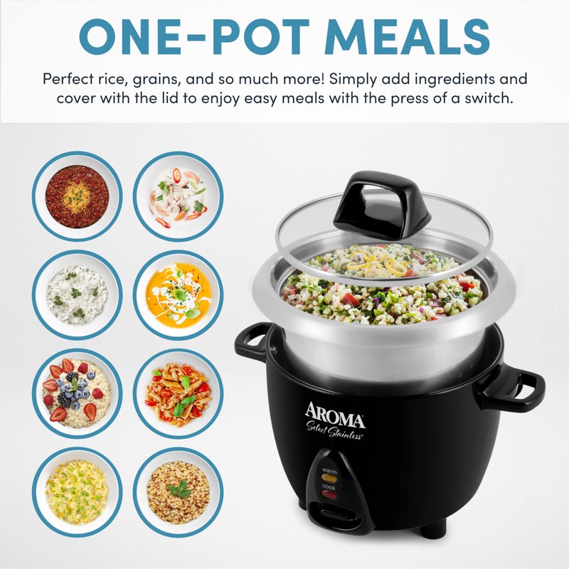 Aroma Housewares Select Stainless Rice Cooker & Warmer with Uncoated Inner Pot, 3-Cup(uncooked)/6-Cup(cooked)/ 1.2Qt, ARC-753SGB, Black - Image 2