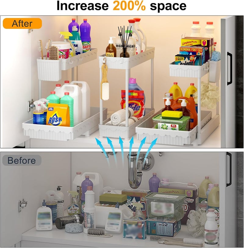 Sevenblue 3 Pack منظمات تخزين متعددة الأغراض قابلة للسحب، منظمات وتخزين على شكل حرف L من مستويين تحت الحوض/الخزانة للحمام والمطبخ، أبيض، 12.85 بوصة - Image 3
