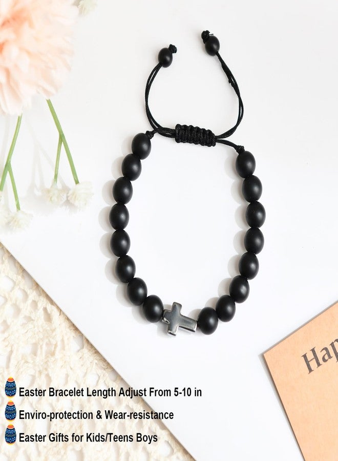 Lamyba Easter Gifts for Kids/Teens/Boys, Christian Natural Stone Beaded Bracelets, Easter Basket Stuffers Essentials, Adjustable Cross Bracelets, Black - Image 2