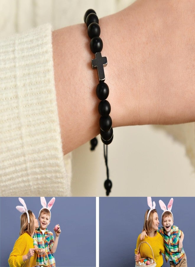 Lamyba Easter Gifts for Kids/Teens/Boys, Christian Natural Stone Beaded Bracelets, Easter Basket Stuffers Essentials, Adjustable Cross Bracelets, Black - Image 5