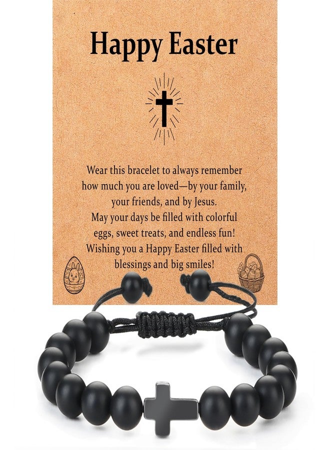 Lamyba Easter Gifts for Kids/Teens/Boys, Christian Natural Stone Beaded Bracelets, Easter Basket Stuffers Essentials, Adjustable Cross Bracelets, Black - Image 1