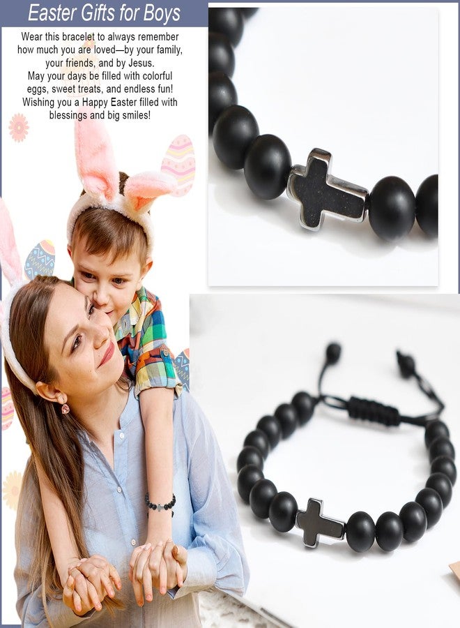 Lamyba Easter Gifts for Kids/Teens/Boys, Christian Natural Stone Beaded Bracelets, Easter Basket Stuffers Essentials, Adjustable Cross Bracelets, Black - Image 4
