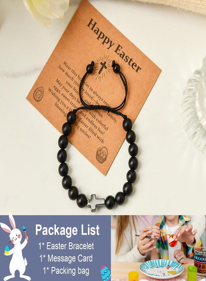 Lamyba Easter Gifts for Kids/Teens/Boys, Christian Natural Stone Beaded Bracelets, Easter Basket Stuffers Essentials, Adjustable Cross Bracelets, Black - Image 3