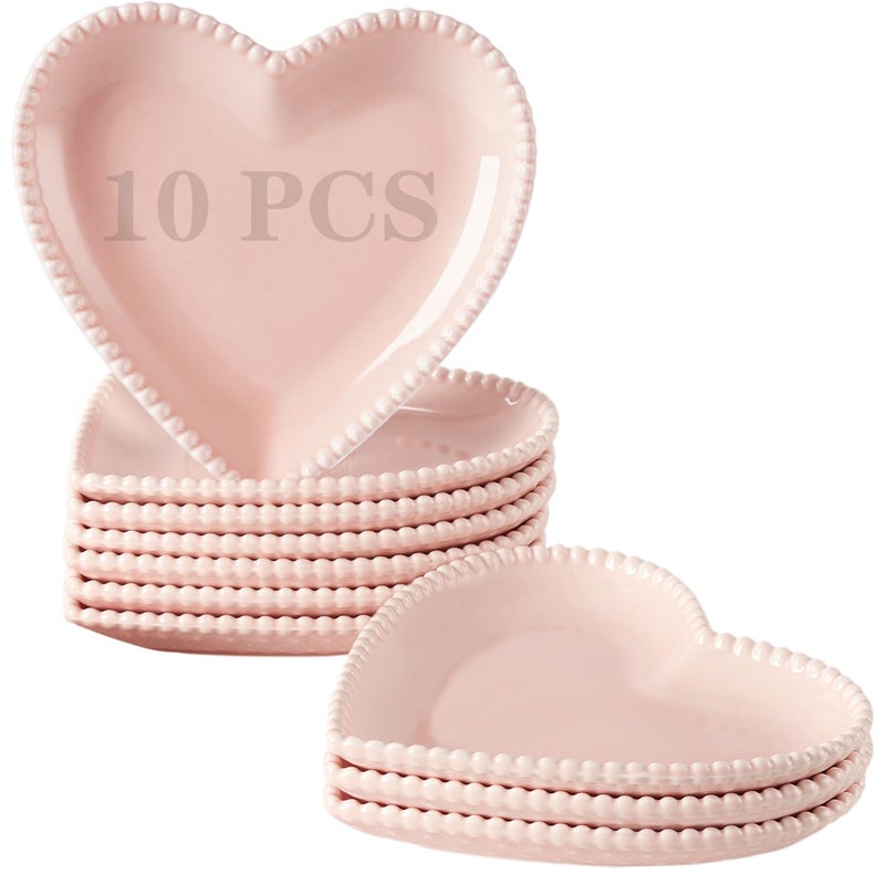 BABALIU 6.3 Inch Porcelain Appetizer Plates Set of 10, Heart Shape Small Dinner Plates, Dessert Salad Plates Serving Dishes for Cake, Snack, Ice Cream, Waffles, Microwave, Oven, Dishwasher Safe, Pink - Image 1