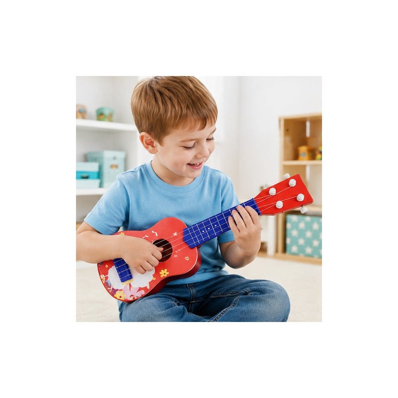 Rhythm Fun: Kids Toy Ukulele, Red with Blue Floral Sheep Design, 4-String Beginner Musical Instrument for Children - Image 3