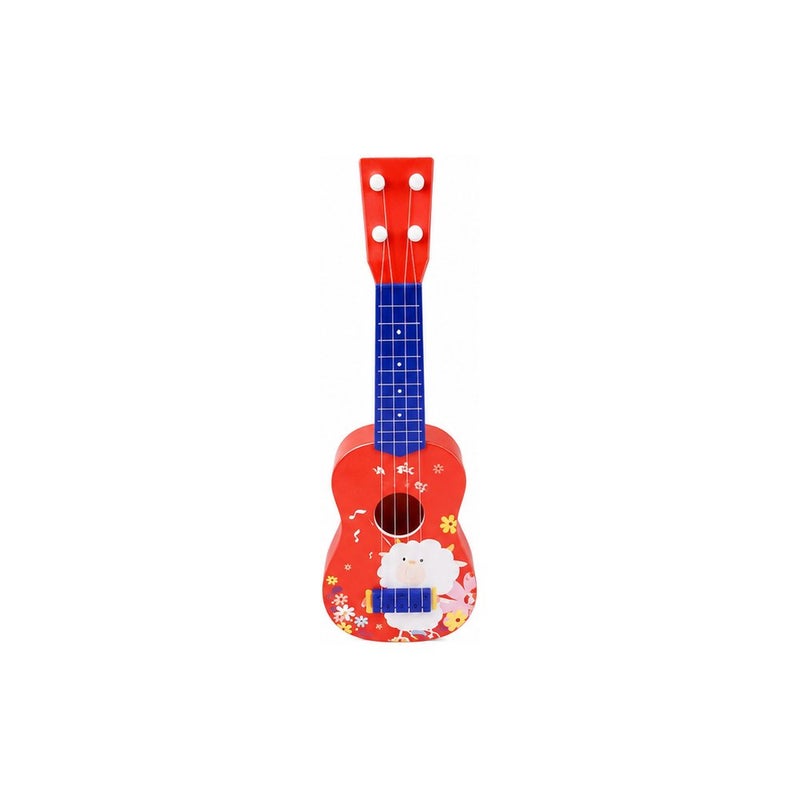 Rhythm Fun: Kids Toy Ukulele, Red with Blue Floral Sheep Design, 4-String Beginner Musical Instrument for Children - Image 1