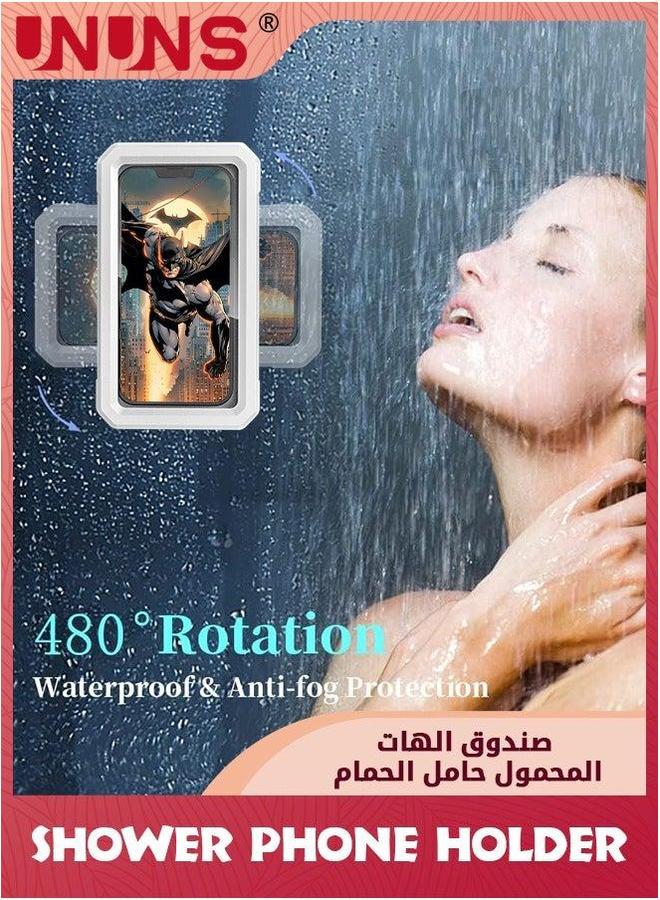 UNUNS Shower Phone Holder Waterproof Case With Touch Screen,360° Rotation,Adjustable Wall Mount Shelf In Bathroom Bathtub,Anti-Fog Stand,Shower Accessories For 4-7" Phones,White - Image 3