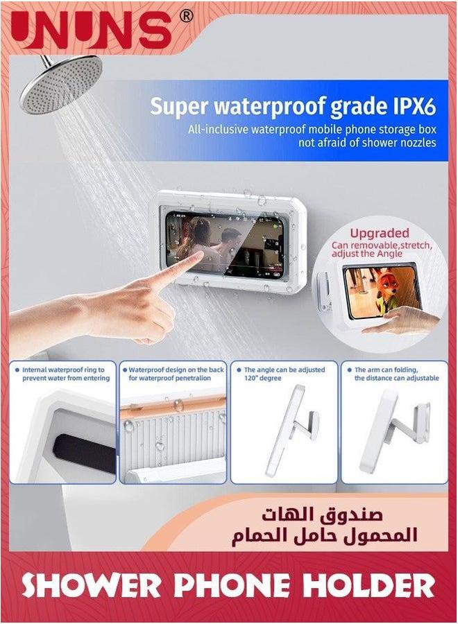 UNUNS Shower Phone Holder Waterproof Case With Touch Screen,360° Rotation,Adjustable Wall Mount Shelf In Bathroom Bathtub,Anti-Fog Stand,Shower Accessories For 4-7" Phones,White - Image 4