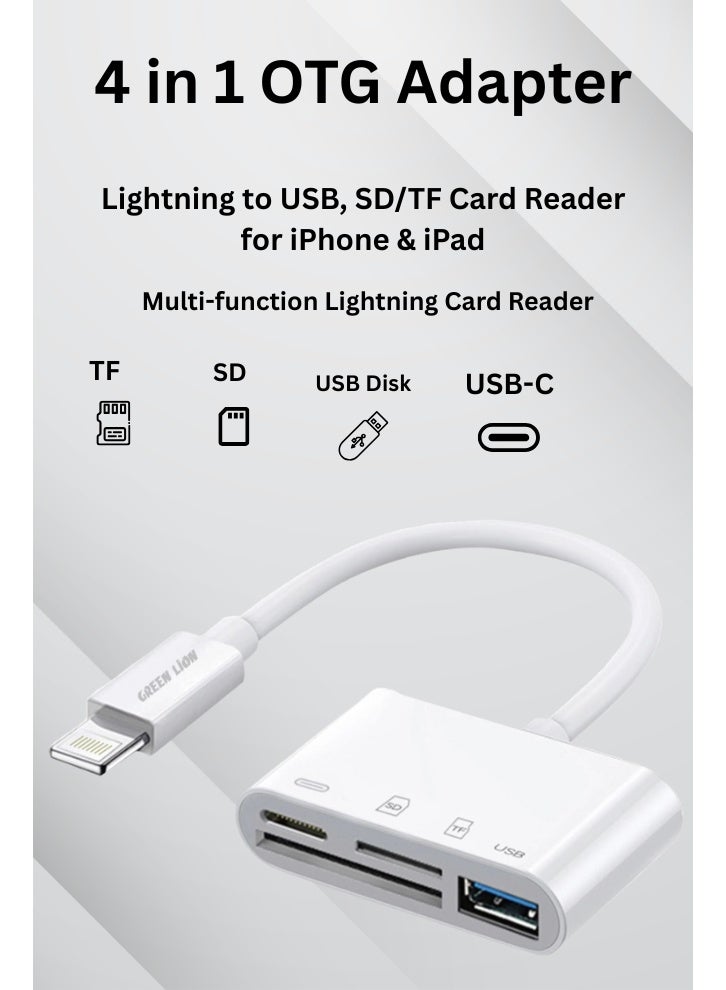 4-in-1 Lightning OTG Adapter – SD/TF Card Reader & USB Hub for iPhone/iPad USB & Memory Card Reader – Plug & Play 4-in-1 Adapter - Image 1
