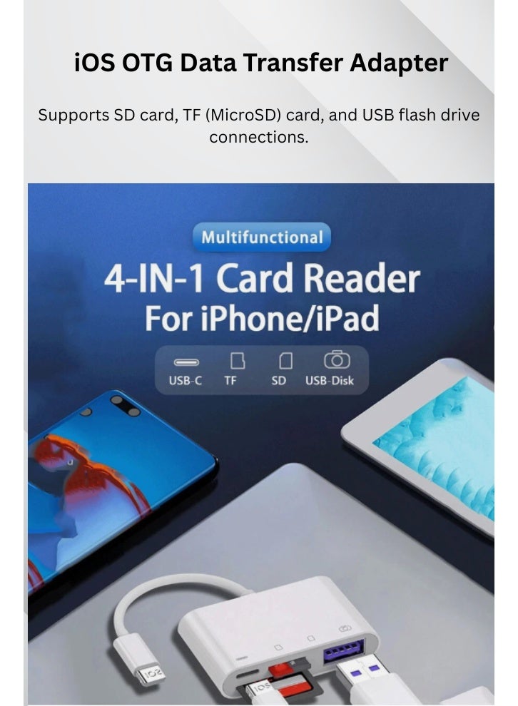 4-in-1 Lightning OTG Adapter – SD/TF Card Reader & USB Hub for iPhone/iPad USB & Memory Card Reader – Plug & Play 4-in-1 Adapter - Image 5