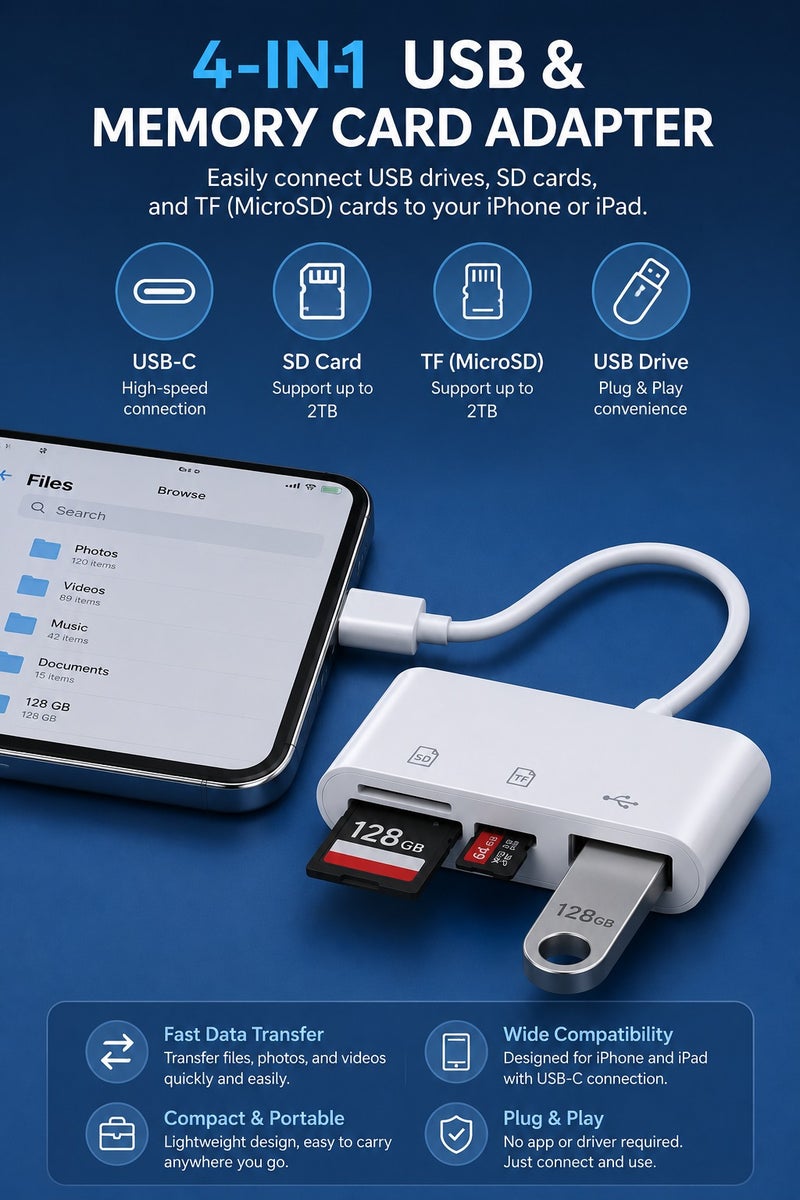 محول Lightning OTG 4 في 1 - قارئ بطاقات SD/TF ومحور USB لأجهزة iPhone/iPad قارئ بطاقات USB والذاكرة - توصيل وتشغيل محول 4 في 1 - Image 5