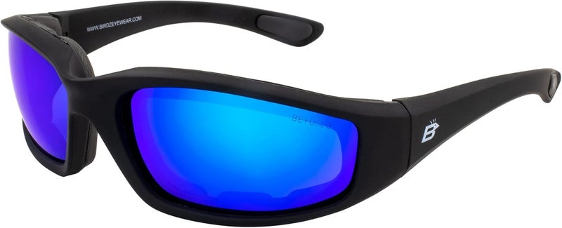 Birdz Eyewear Oriole Padded Motorcycle Riding Sunglasses Gloss Black Frame with Blue Mirror Lenses - Image 1