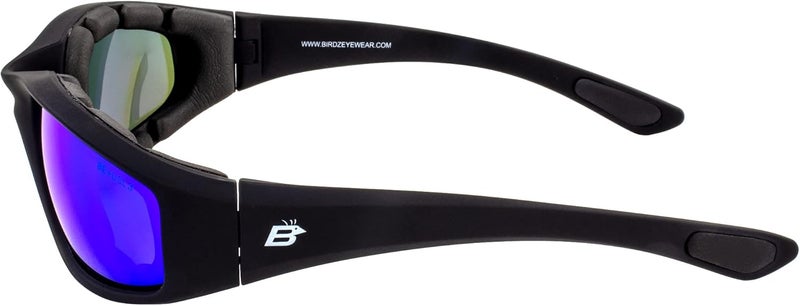 Birdz Eyewear Oriole Padded Motorcycle Riding Sunglasses Gloss Black Frame with Blue Mirror Lenses - Image 3