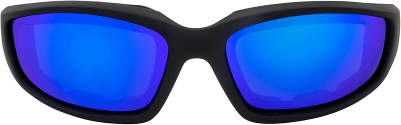 Birdz Eyewear Oriole Padded Motorcycle Riding Sunglasses Gloss Black Frame with Blue Mirror Lenses - Image 2
