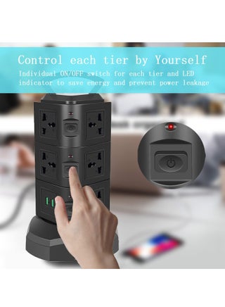 Universal Power Strips Extension Lead Outlets with 2 USB & 11 Sockets surge protector multi way power extension outlet, 3m power cable extension cable adapter vertical tower (3 Layers) - view 4