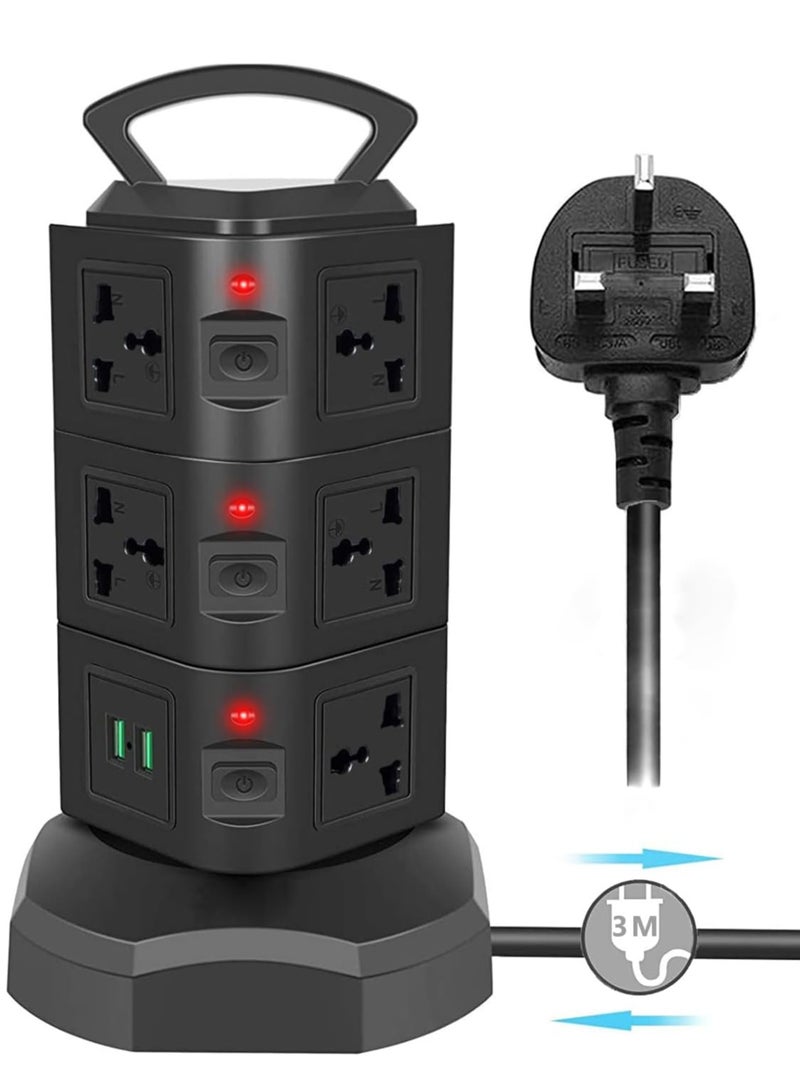 Necomi Universal Power Strips Extension Lead Outlets with 2 USB & 11 Sockets surge protector multi way power extension outlet, 3m power cable extension cable adapter vertical tower (3 Layers) - Image 1