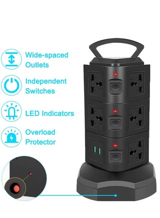 Universal Power Strips Extension Lead Outlets with 2 USB & 11 Sockets surge protector multi way power extension outlet, 3m power cable extension cable adapter vertical tower (3 Layers) - view 2