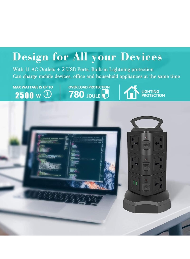 Necomi Universal Power Strips Extension Lead Outlets with 2 USB & 11 Sockets surge protector multi way power extension outlet, 3m power cable extension cable adapter vertical tower (3 Layers) - Image 3