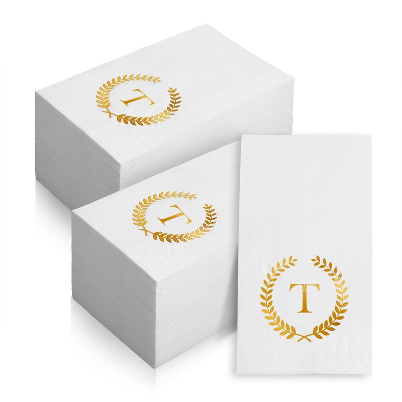 Datyiiha 200 Pack Monogrammed Disposable Napkins Gold Foil Letter T Guest Napkins Initial Disposable Hand Paper Towels for Wedding Engagement Baby Shower Party Home Kitchen Bathroom Dinner Decorative Towels  - Image 1