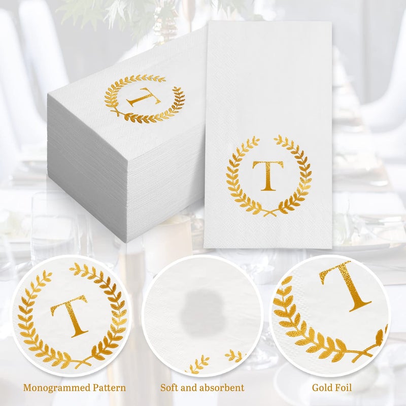 Datyiiha 200 Pack Monogrammed Disposable Napkins Gold Foil Letter T Guest Napkins Initial Disposable Hand Paper Towels for Wedding Engagement Baby Shower Party Home Kitchen Bathroom Dinner Decorative Towels  - Image 4