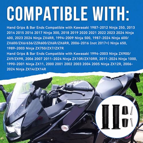 SeDeplacer 2Pcs Black Hand Grips & Bar Ends(Left+Right) Compatible with Kawasaki Ninja 250 300 400 500 ZX4RR 600 ZX600 ZX6 636 ZX6R 650 ZX750 ZX7 ZX7R ZX900 ZX9 ZX10R 1000 ZX11 ZX12R ZX14 ZX14R - Image 2