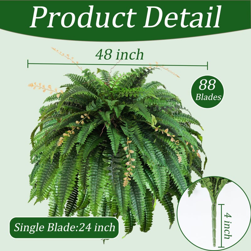 Cherica 2pcs 48in 88 Blades Artificial Boston Ferns for Outdoors Large, UV Resistant Faux Outdoor Plants,Weatherproof Fake Ferns Plants Outdoor Indoor for Garden Porch Patio Home Decor - Image 2